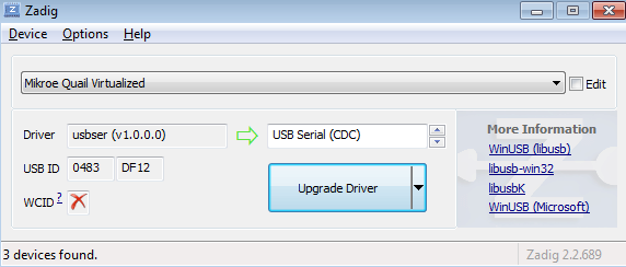 Serial Usb drivers (CDC) for Quail